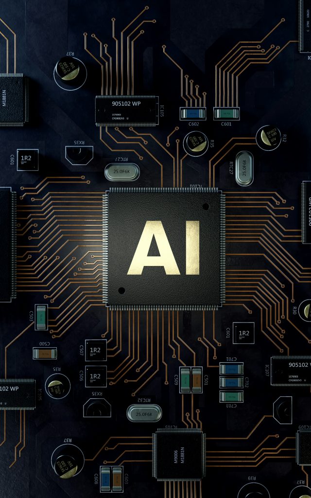 AI chip on circuit board symbolizing tools used by AI music artists